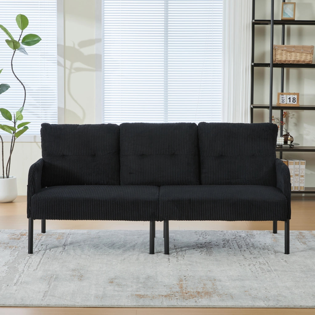 Divano 3 posti in corduroy nero con tasca laterale; struttura in metallo; 171 x 72 x 80 cm