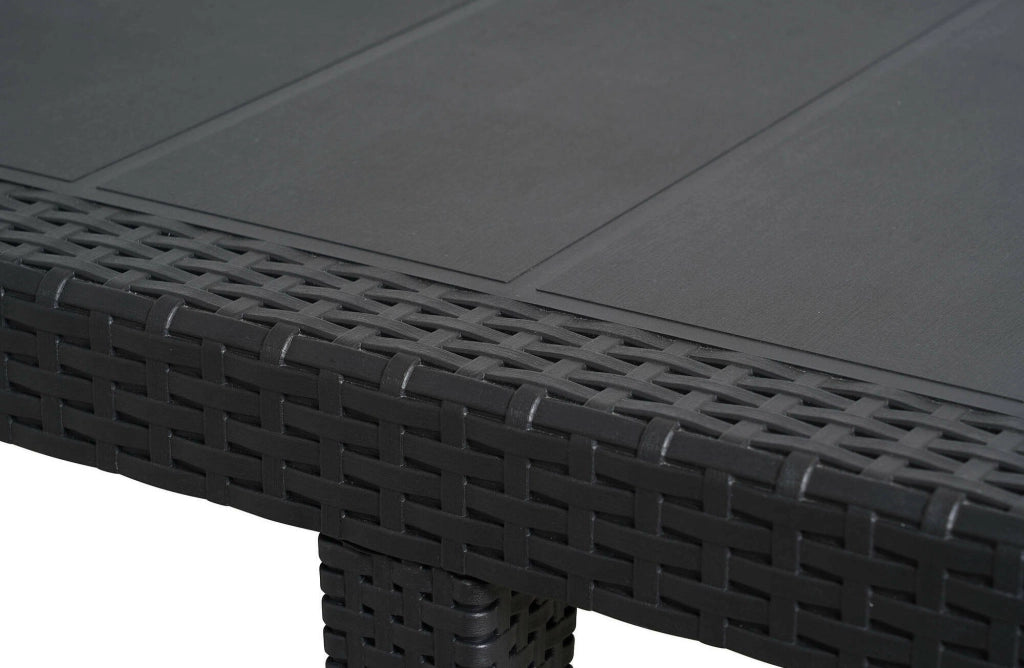 Set tavolo e sedie Arret, Ripiano rettangolare allungabile da esterno con 4 sedie incluse, Tavolo e sedute da giardino effetto rattan, 100% Made in Italy, Antracite