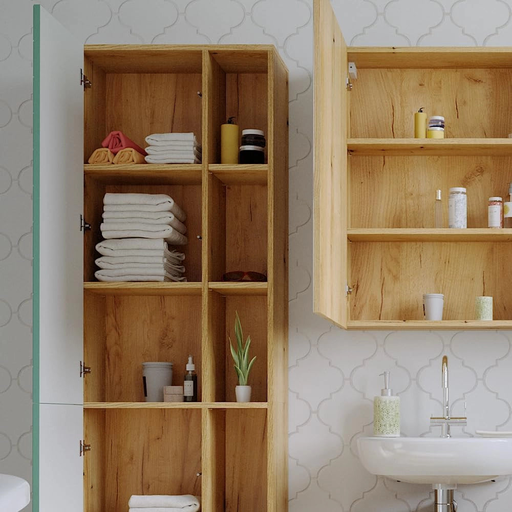 Armadio per il bagno Rudi, Verde menta, 56 x 193 cm con ante e vani a giorno, con meccanismo push-to-open e struttura combinabile