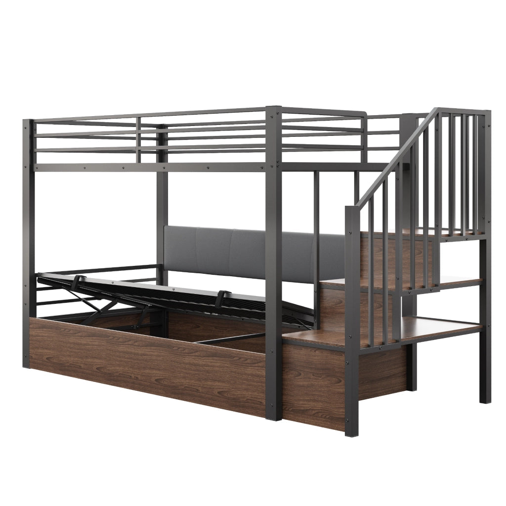 Letto a soppalco 90 × 200 cm con contenitore idraulico, scala con vani portaoggetti, sponde alte, senza materasso