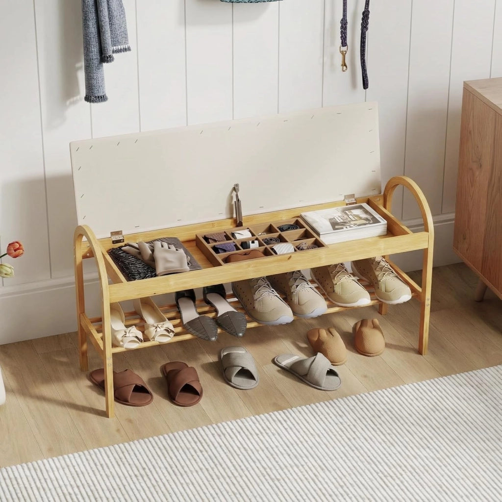 Scarpiera con Cuscino, Panca Porta Scarpe con Coperchio Imbottito a Ribalta, Scomparto Nascosto, Panca Imbottita per Ingresso Corridoio Camera da Letto, 101 x 31 x 51 cm (Beige)