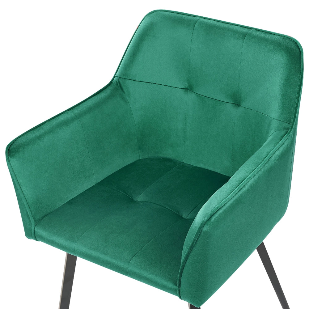 Set di 2 sedie da pranzo con sedile imbottito in velluto verde con braccioli e gambe in metallo Nero
