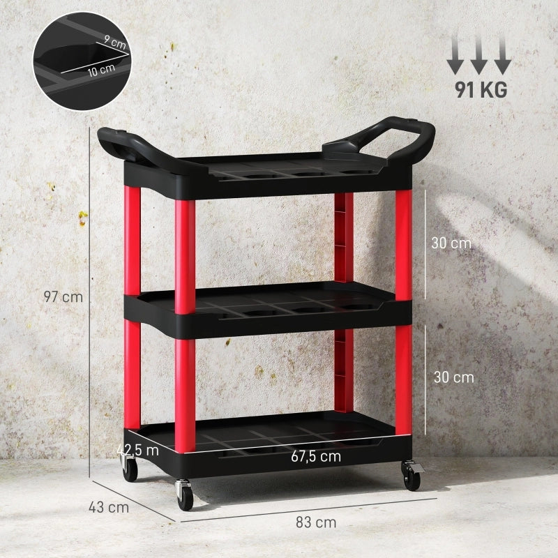 Carrello da officina a 3 ripiani con maniglia, ruote piroettanti e fori portautensili, portata 91 kg