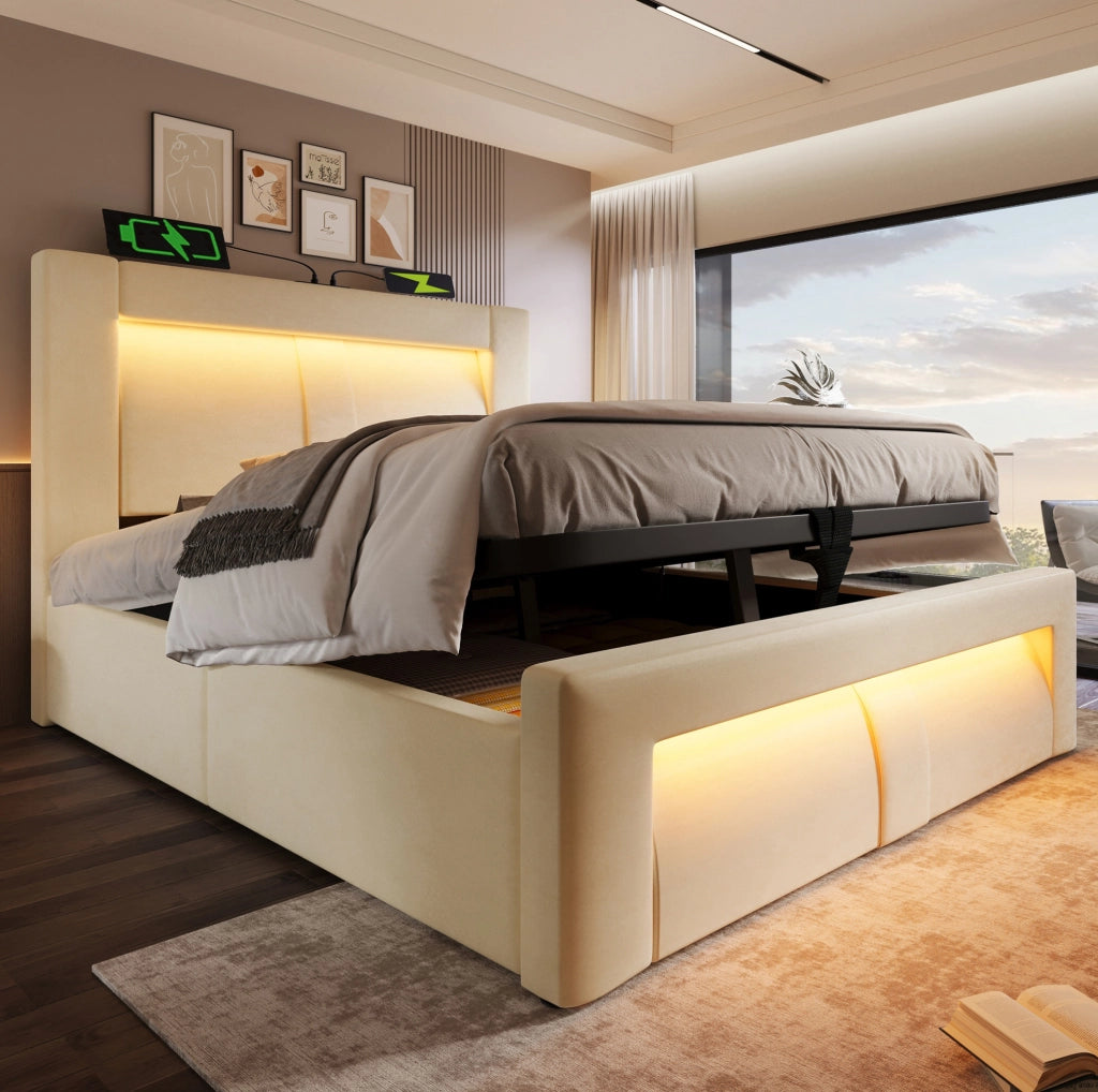 Letto singolo 90x200 cm con contenitore, LED e USB-C in velluto beige