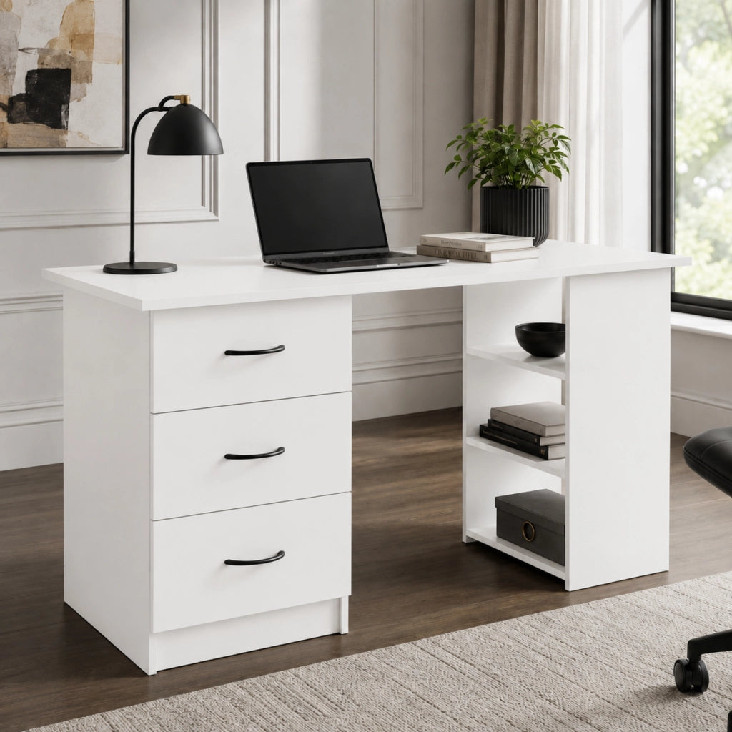 Scrivania Moderna Con 3 Cassetti E 3 Vani A Giorno Struttura In MDF Resistente Design Minimal Ideale Per Ufficio Studio Cameretta E Smart Working 120 X 49 X 72 Cm Bianco