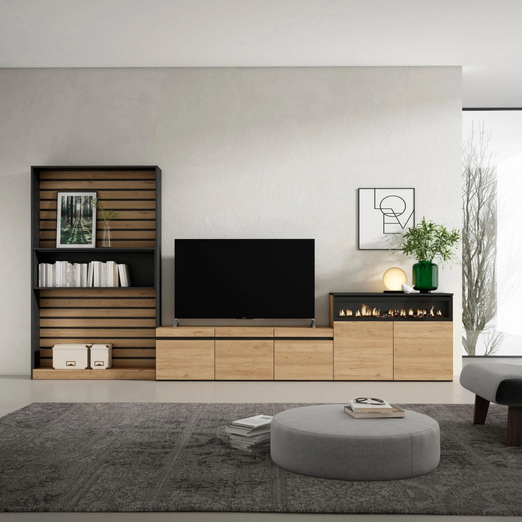 Mobile TV, Soggiorno, 360x35x186cm, Per TV fino a 65", Camino elettrico, colore Rovere e nero RF3161