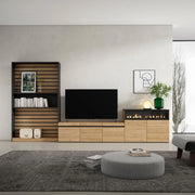 Mobile TV, Soggiorno, 360x35x186cm, Per TV fino a 65", Camino elettrico, colore Rovere e nero RF3161