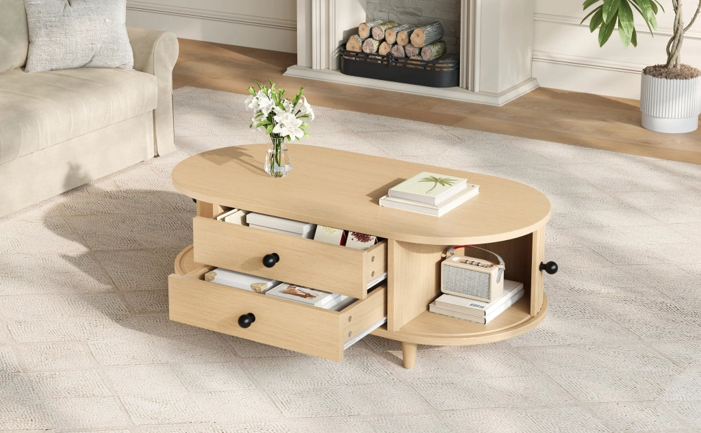 Tavolino basso con 2 cassetti e ante scorrevoli, in MDF con gambe in legno massello, per soggiorno, 100 × 50 × 36 cm