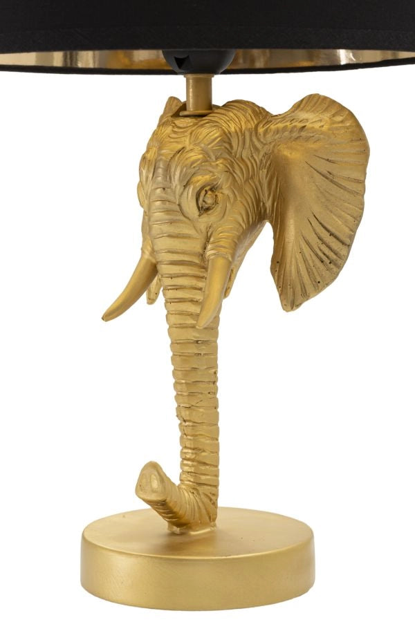 Lampada da tavolo con testa di elefante dorata, paralume nero diam 25x43 cm