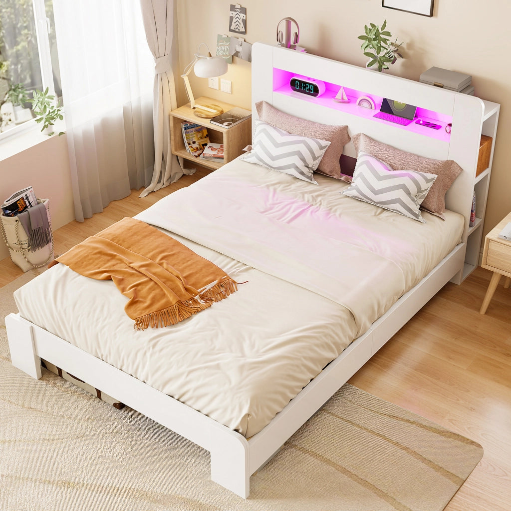 Letto 140x200 cm con contenitore e LED in legno bianco