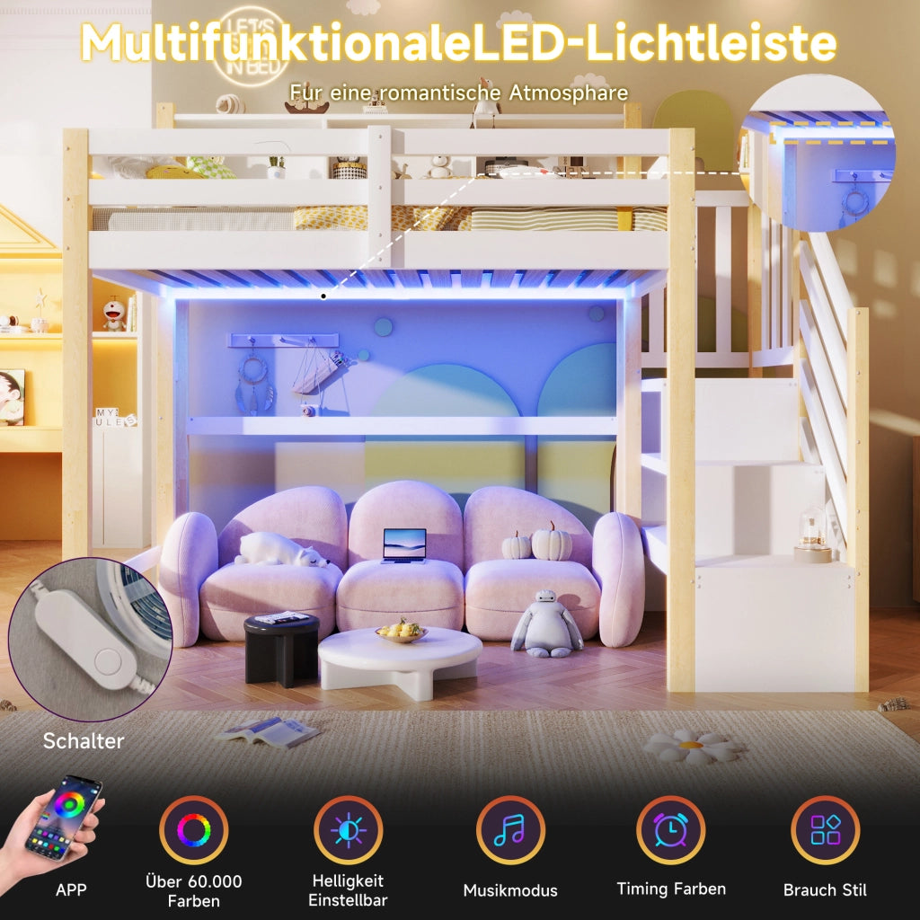Letto a soppalco 90x200 cm con LED e scala contenitore