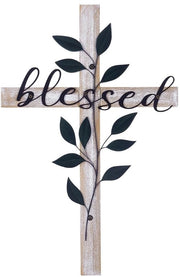 Decorazione a Croce 40 cm Alta - Decorazione per Parete in Legno Naturale - Decorazione per Parete con Foglie Metalliche - Decorazione Cristiana - Regalo Inspirante