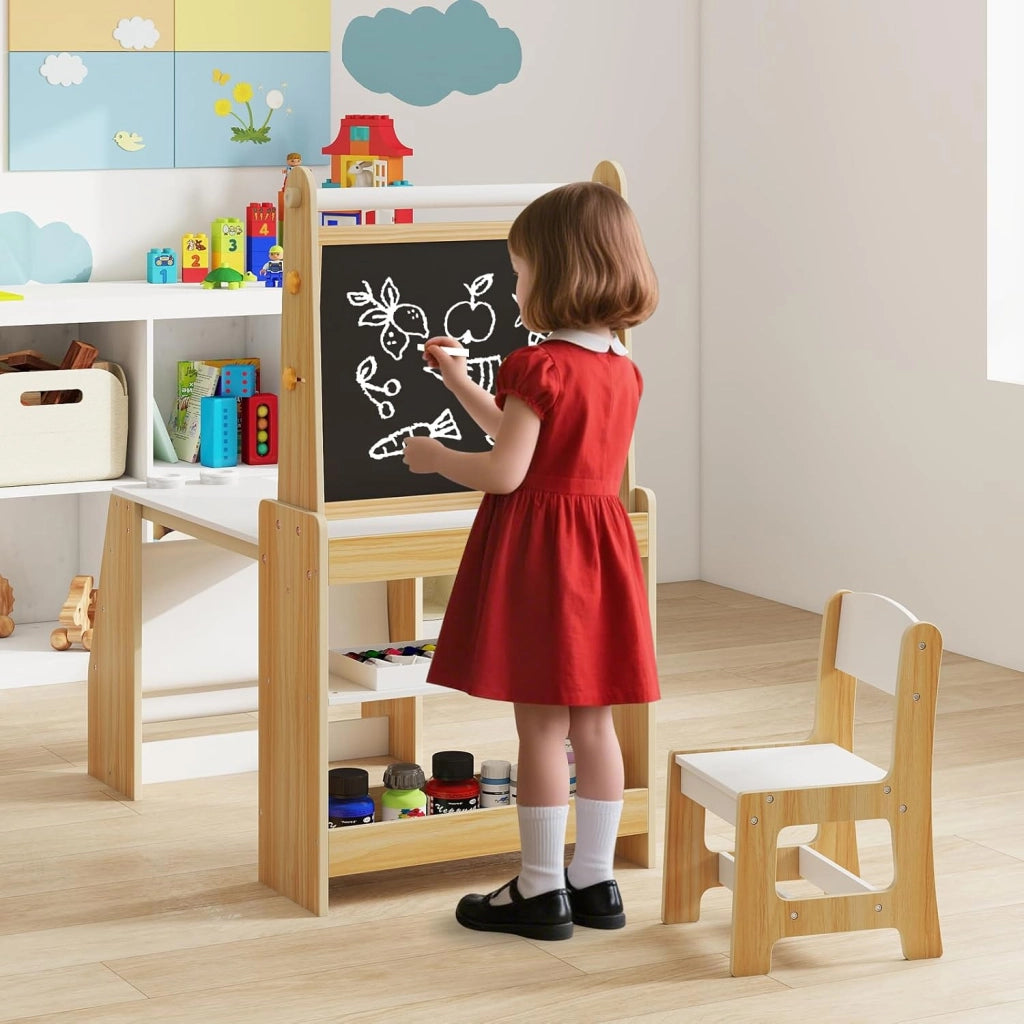 Set Tavolo e Sedia per Bambini, Tavolo in Materiale Sicuro con Lavagna e Sedia, Lavagna Bianca, Rotolo di Carta, 2 Ripiani Aperti e Libreria a 2 Ripiani, Ideale per Disegno (Naturale)