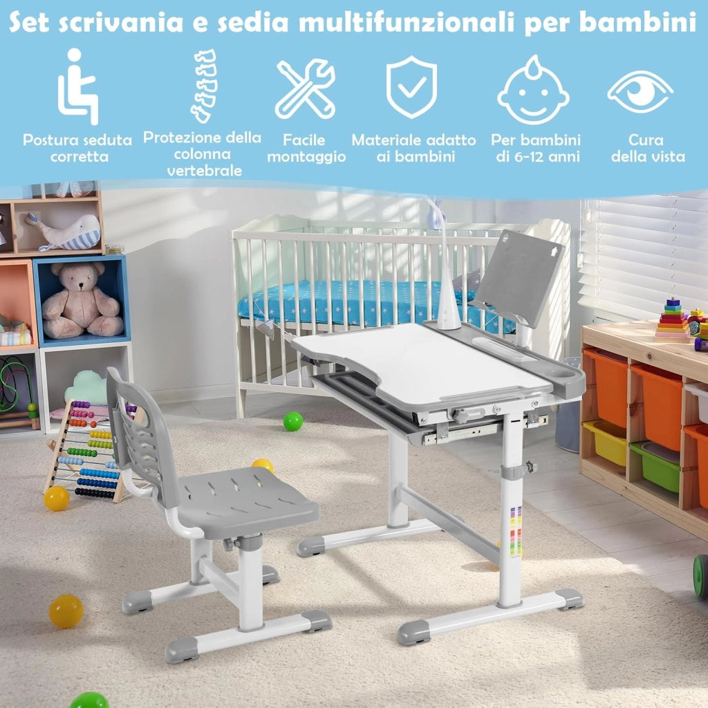 Set Scrivania e Sedia per Bambini, Tavolo Regolabile in Altezza con Piano Inclinabile 45° e Luce LED 3 Modalità, Tavolo e Sedia Ergonomica in Materiali Sicuri per 4+ Anni (Grigio)