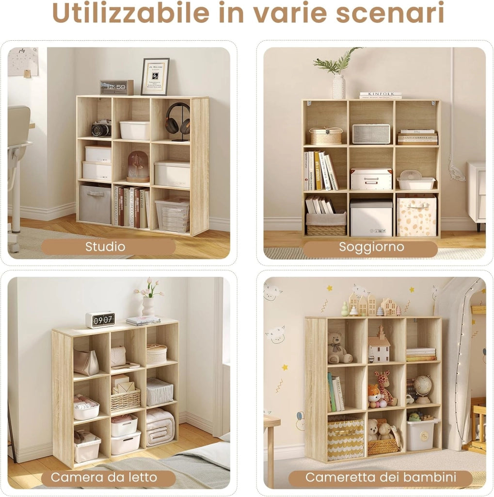 Libreria con 9 Scomparti, Libreria a Giorno, Scaffale a Cubo, Scaffale Divisorio in Piedi, per Ufficio, Soggiorno, Camera da Letto, 94x29,5x93 cm, Rovere Chiaro, SK048hei