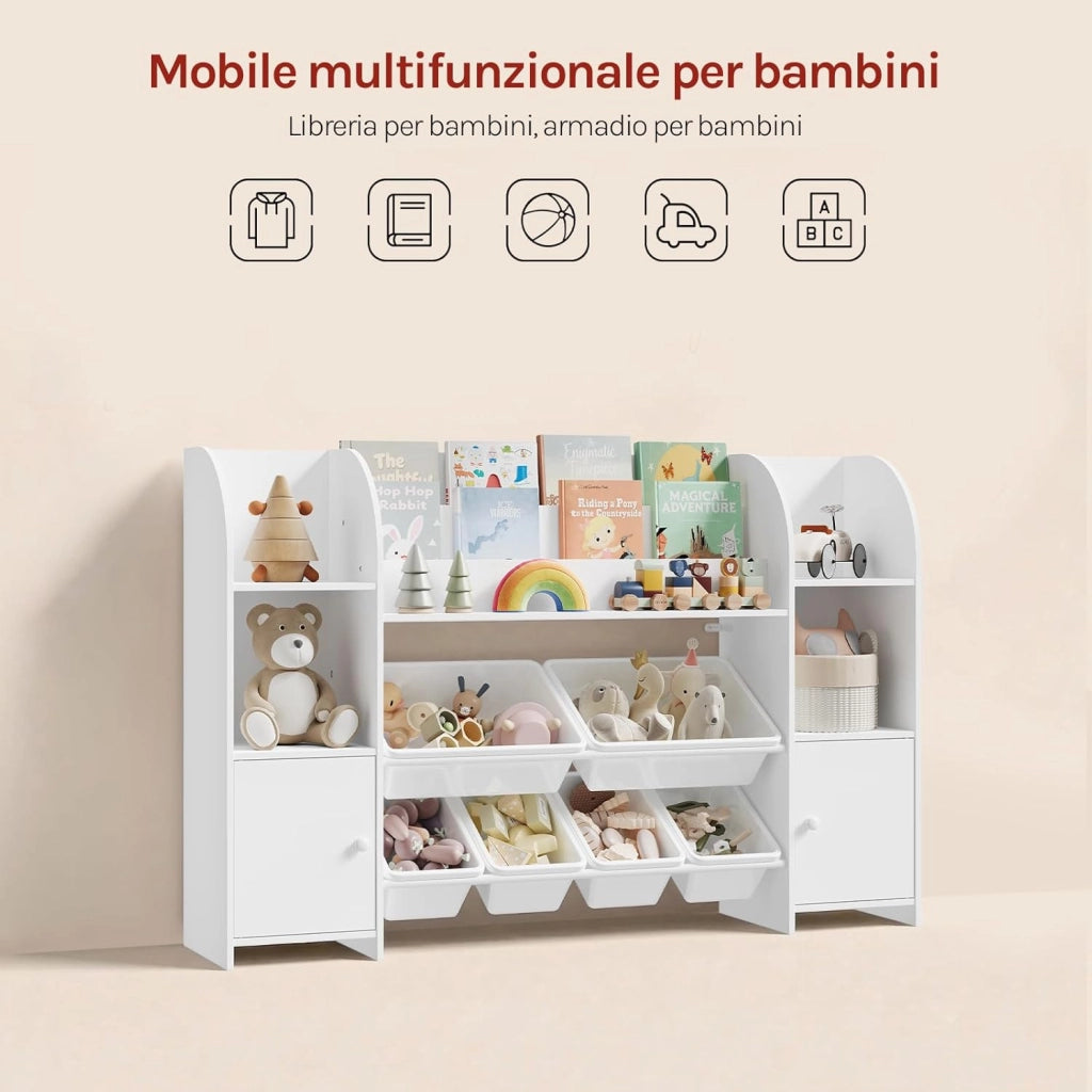 Libreria Montessoriana per Bambini, Scaffale con 2 Armadietti e 6 Contenitori Rimovibili in Plastica, per Cameretta e Soggiorno, in Legno, 135,8x29,8x90 cm, Bianco