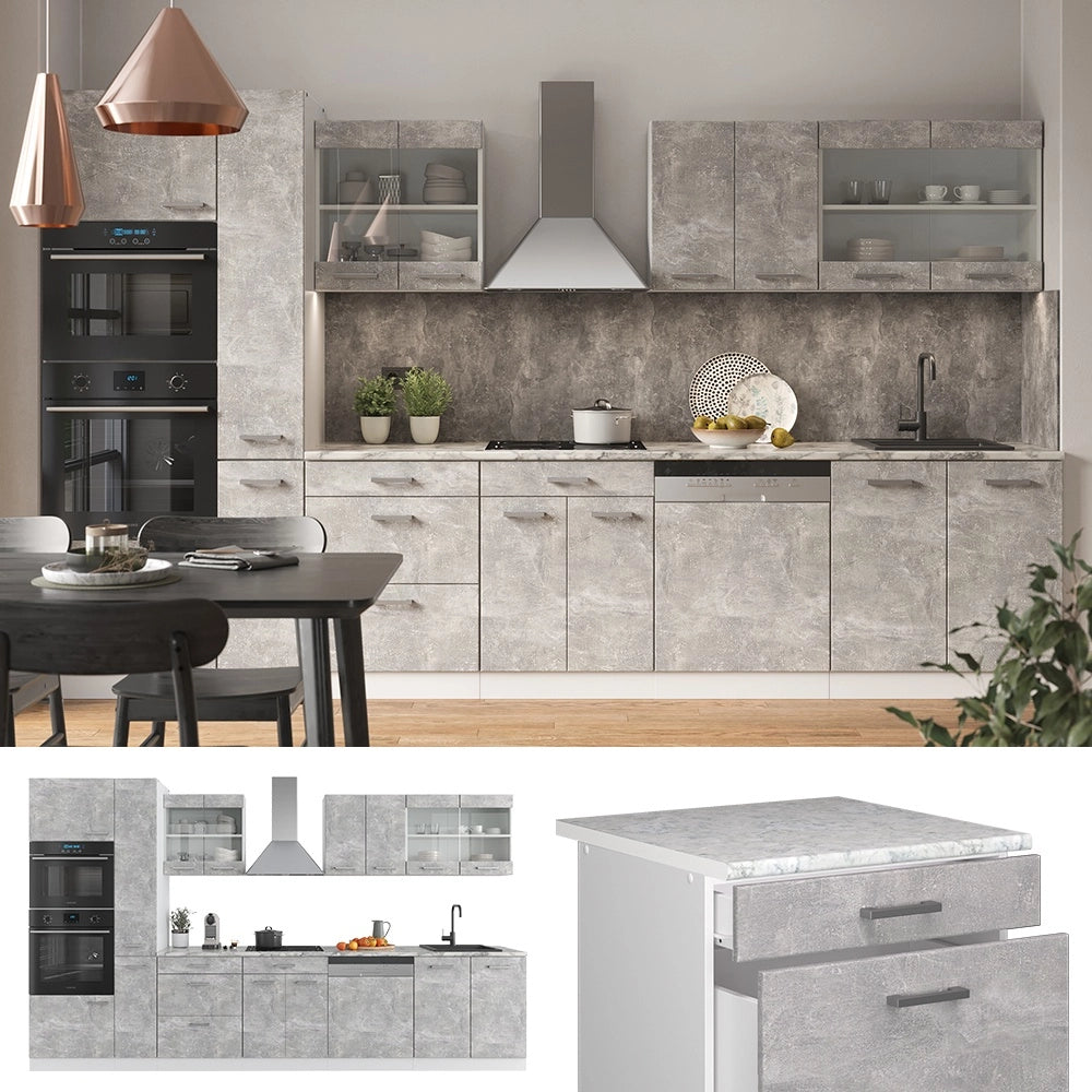 Mobile da cucina R-Line Calcestruzzo/Bianco 350 cm con armadio alto, PL Rovere Vicco