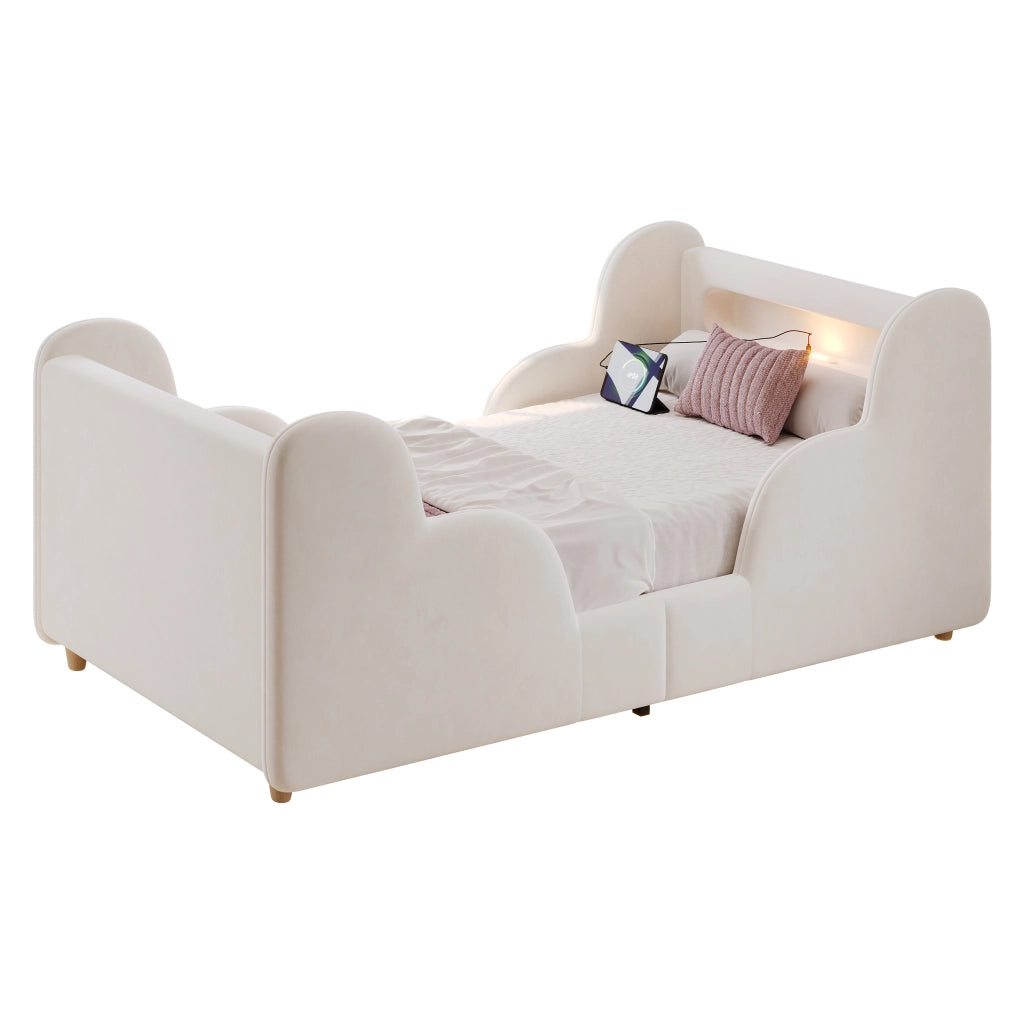 Letto singolo 90x200 cm in velluto beige con spondine imbottite, luci e porte USB, rete inclusa