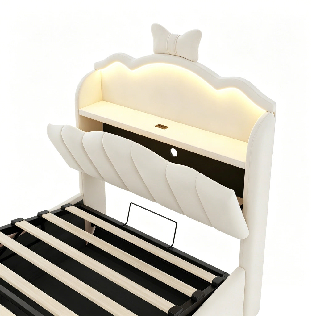 Letto contenitore imbottito 90x200 cm con sollevamento idraulico; testiera apribile; USB/USB-C; LED e velluto beige