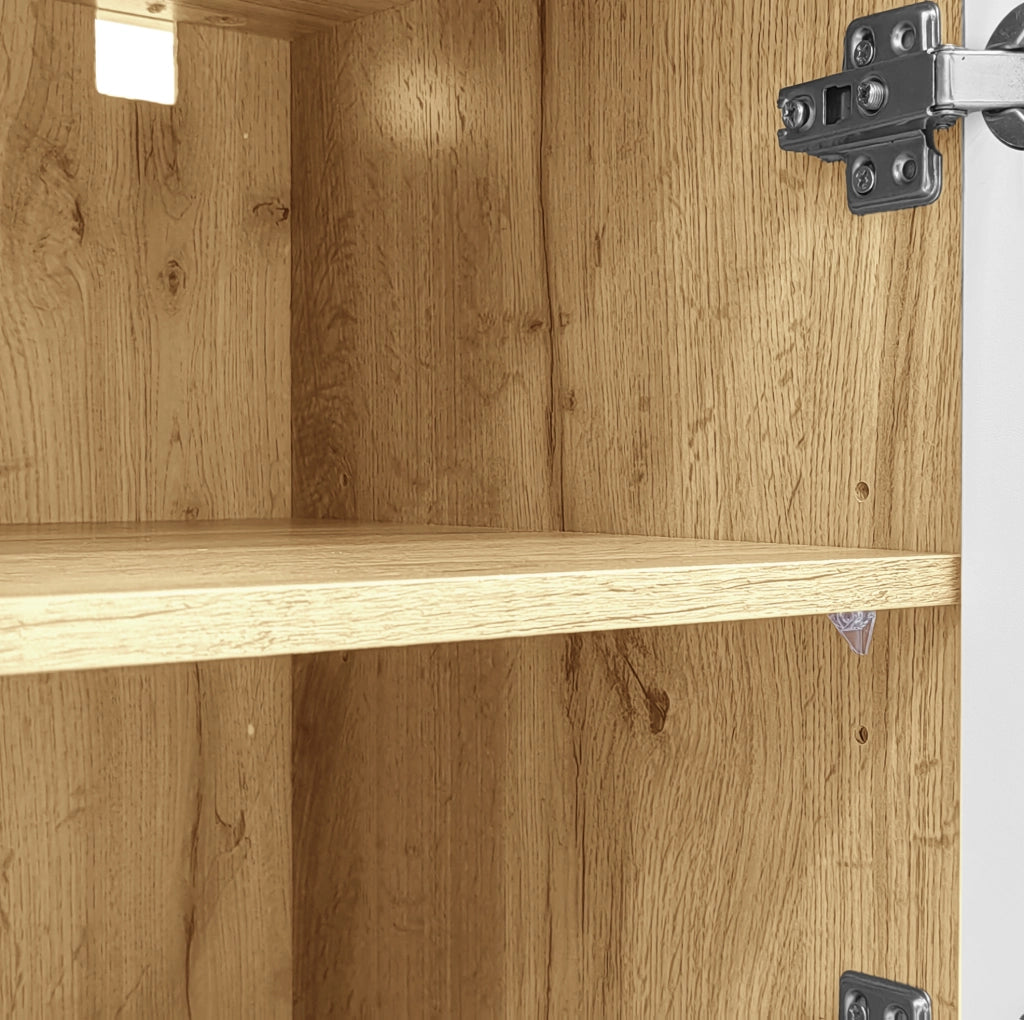 Credenza bicolore con 2 cassetti; 2 ante; vano aperto e LED app a 16 colori