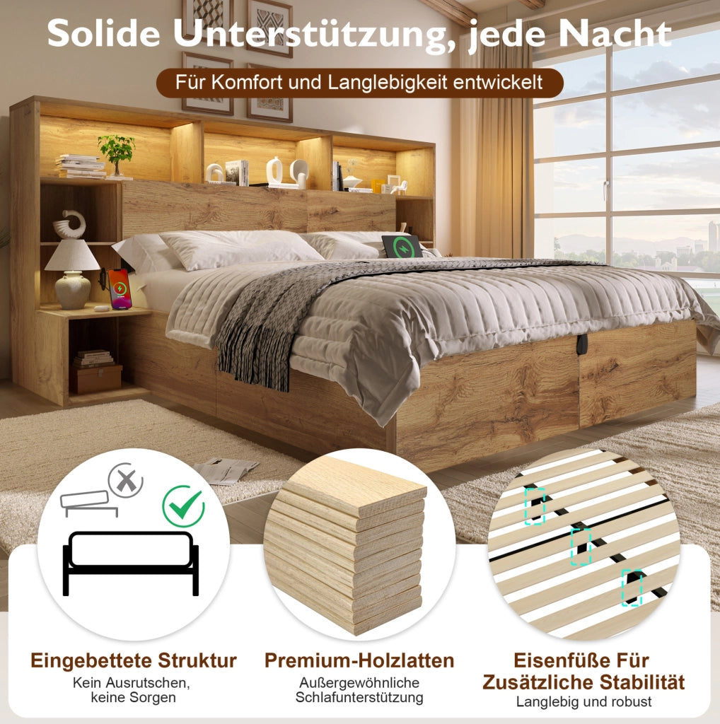 Letto matrimoniale 160x200 cm rovere con LED e USB-C