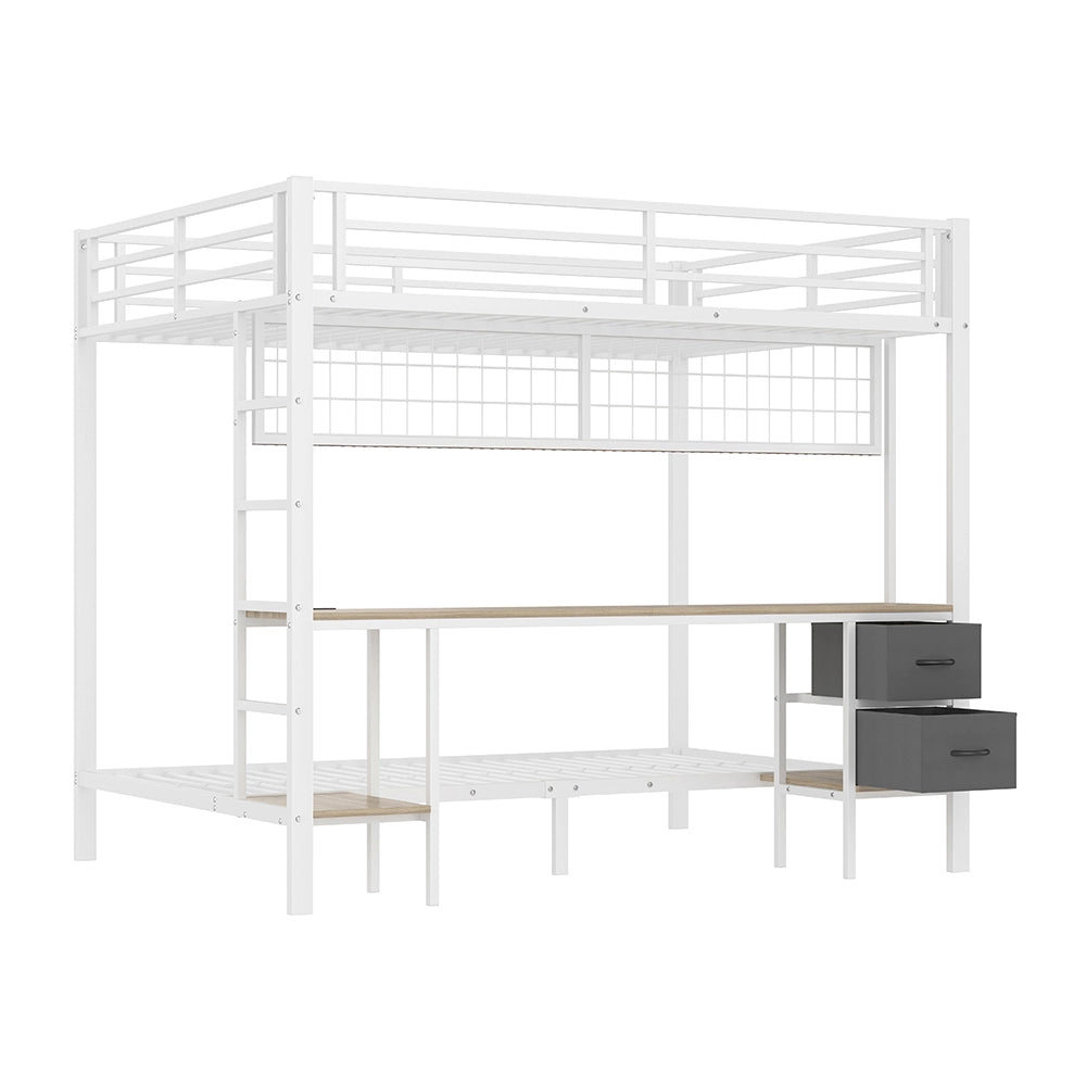 Letto mezzanino 90+140x200cm - Xylo - bianco, USB, LED, scrivania