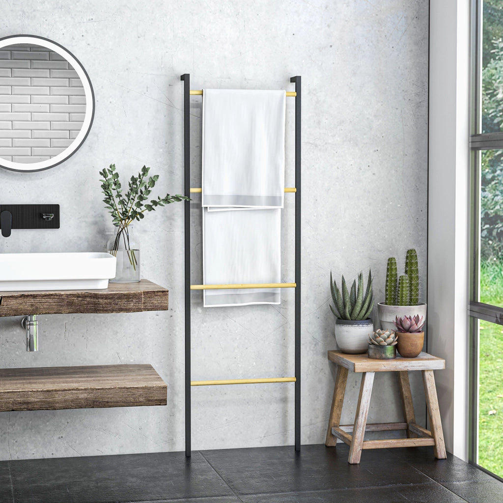 Portasciugamani a Parete per Bagno ¨C Xylo ¨C 4 Barre Bamb¨´ e Acciaio Nero 49x5,5x167,5 cm