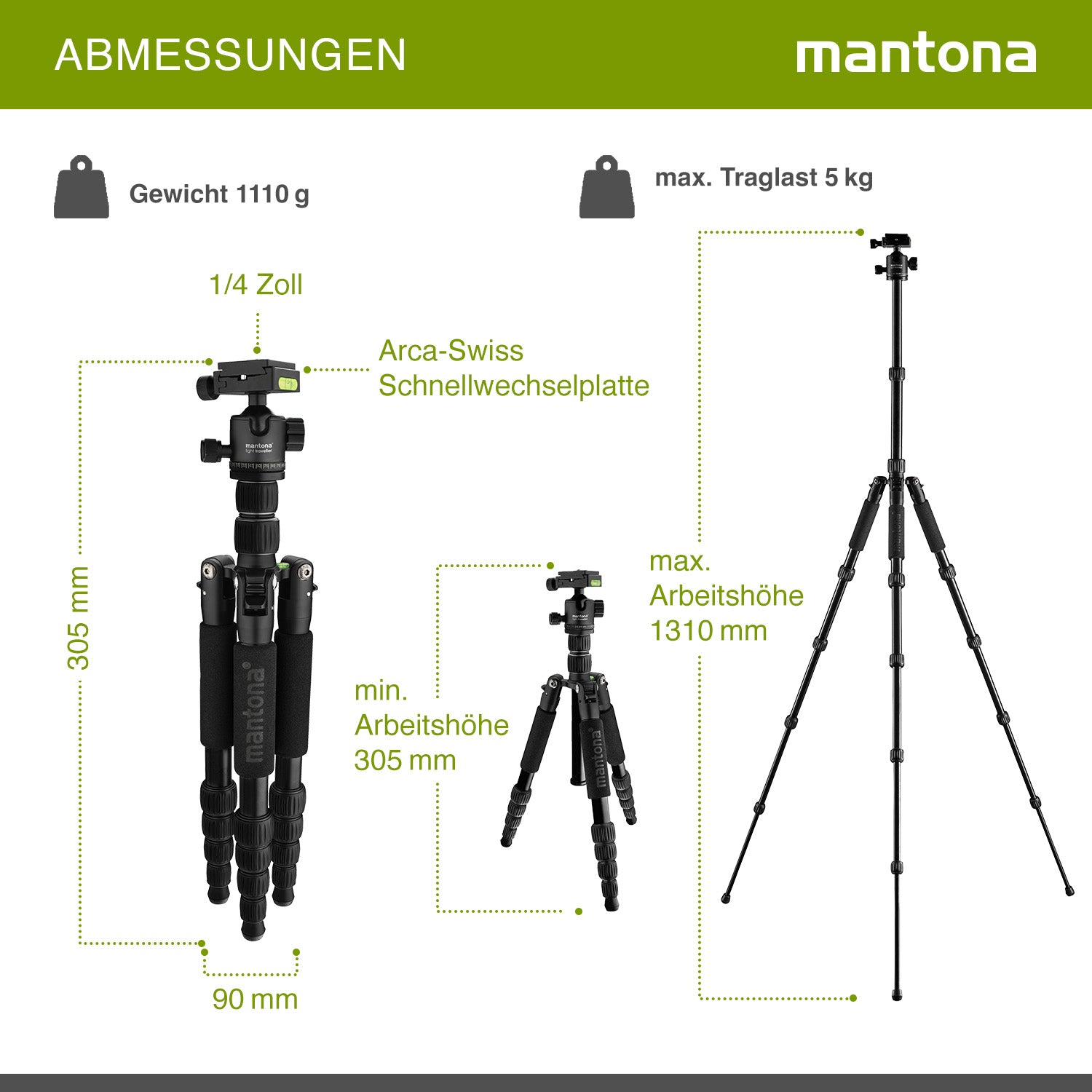 Mantona Cavalletto fotografico da viaggio, 131,5 cm nero, alluminio, max 5 kg, con testa a sfera e Arca-Swiss, Treppiedi Stativo fotografia
