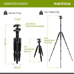Mantona Cavalletto fotografico da viaggio, 131,5 cm nero, alluminio, max 5 kg, con testa a sfera e Arca-Swiss, Treppiedi Stativo fotografia