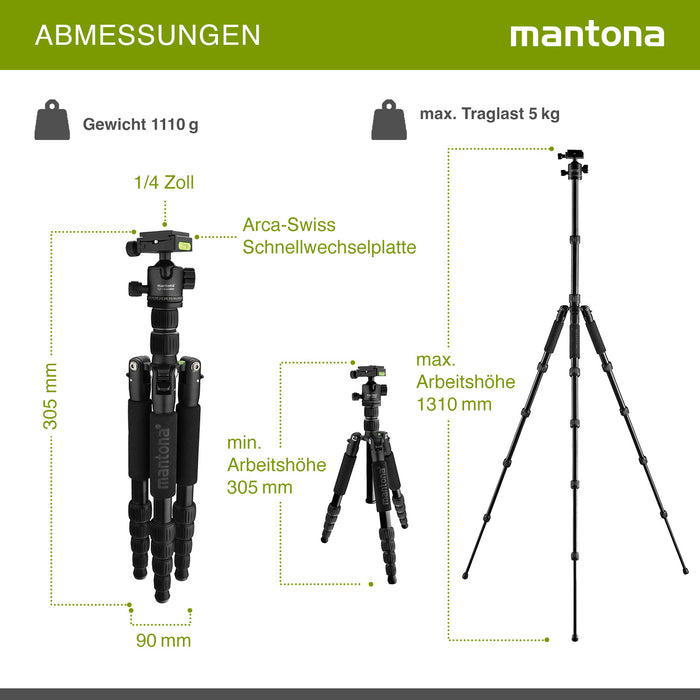 Mantona Cavalletto fotografico da viaggio, 131,5 cm nero, alluminio, max 5 kg, con testa a sfera e Arca-Swiss, Treppiedi Stativo fotografia