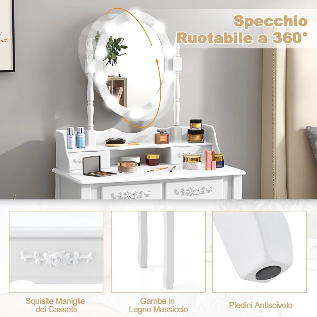 Toeletta da Trucco con 10 Luci LED, Set Tavolo da Trucco con 4 Cassetti e Sgabello, Specchio Girevole 360°, Consolle Toeletta per Soggiorno Camera da Letto, 75 x 40 x 145 cm (Bianco)