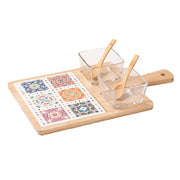 Trade Shop - Set Antipastiera Con 2 Ciotole In Vetro 2 Cucchiaini Base In Bamboo Con Decoro Maiolica -