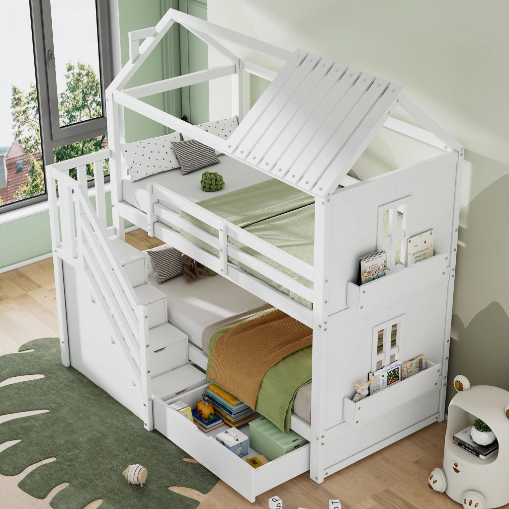 Letto a castello per bambini 90x200 cm con scala contenitore, cassetti e ripiani, senza materasso, bianco