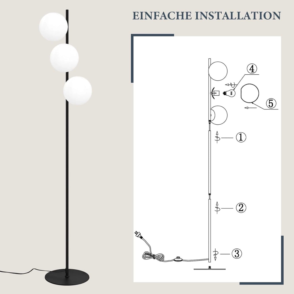 ZMH Lampada da terra moderna 3 luci E27 bianco vetro opalino design industriale vintage interruttore pedale