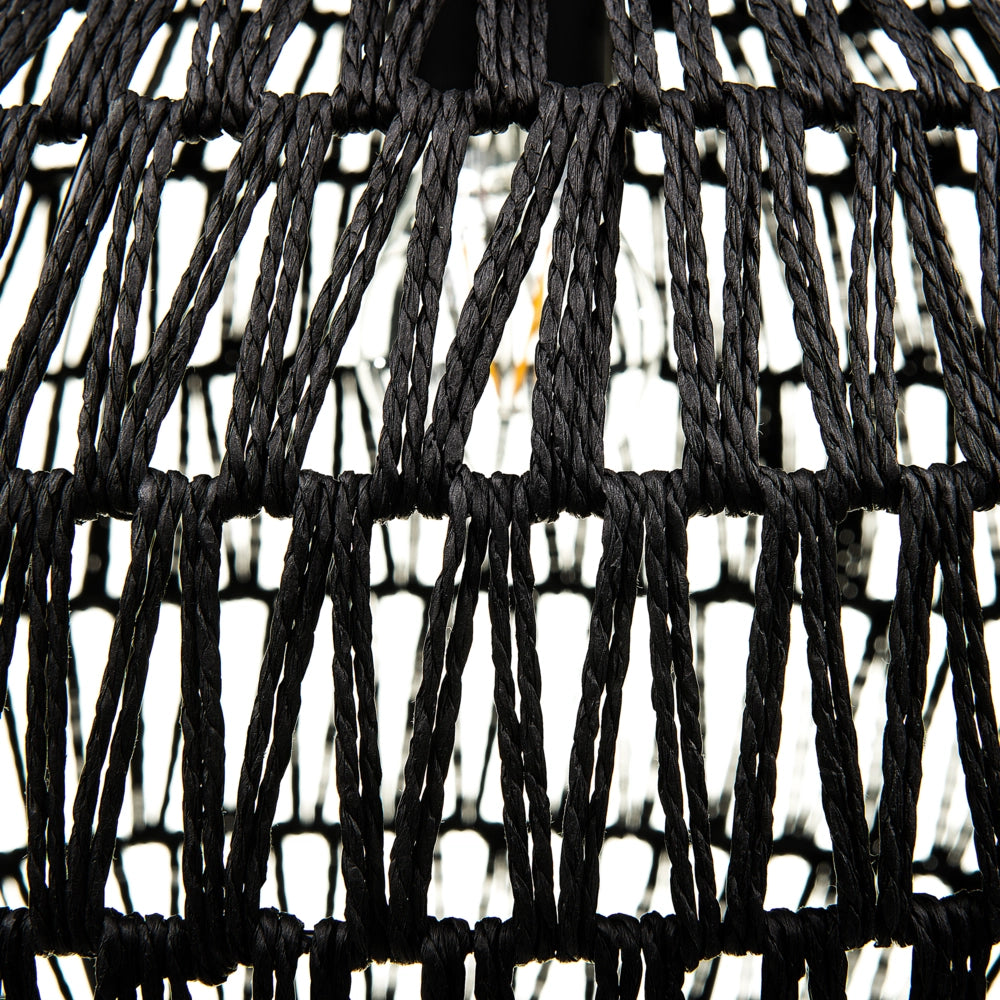 Lampadario in Carta Nero con Paralume Intrecciato Rotondo Stile Boho