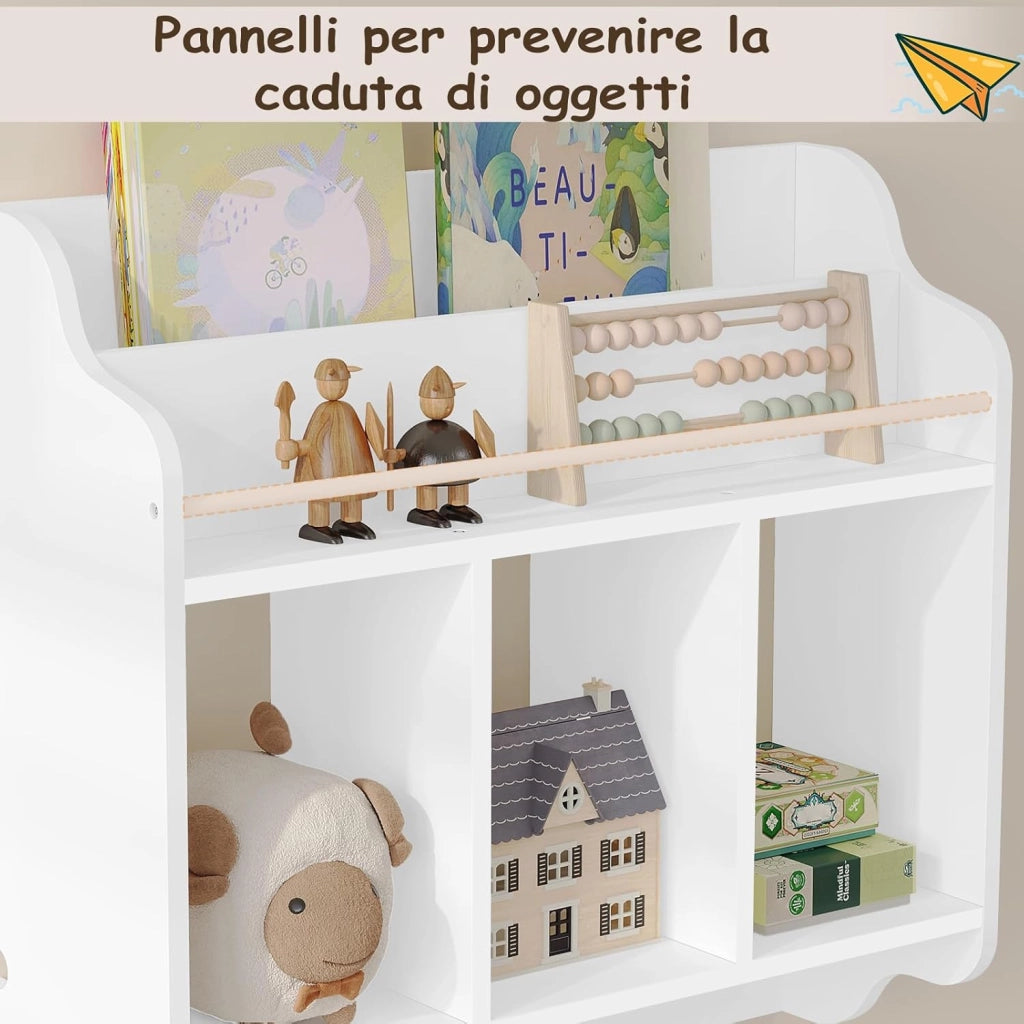 Scaffale per Bambini, Scaffale a Muro per Libri, Scaffale a Muro per Libri, Unità di Archiviazione con 3 Cubi Aperti, 4 Pomelli per Appendere, Mobili per Asilo Nido, Bianco