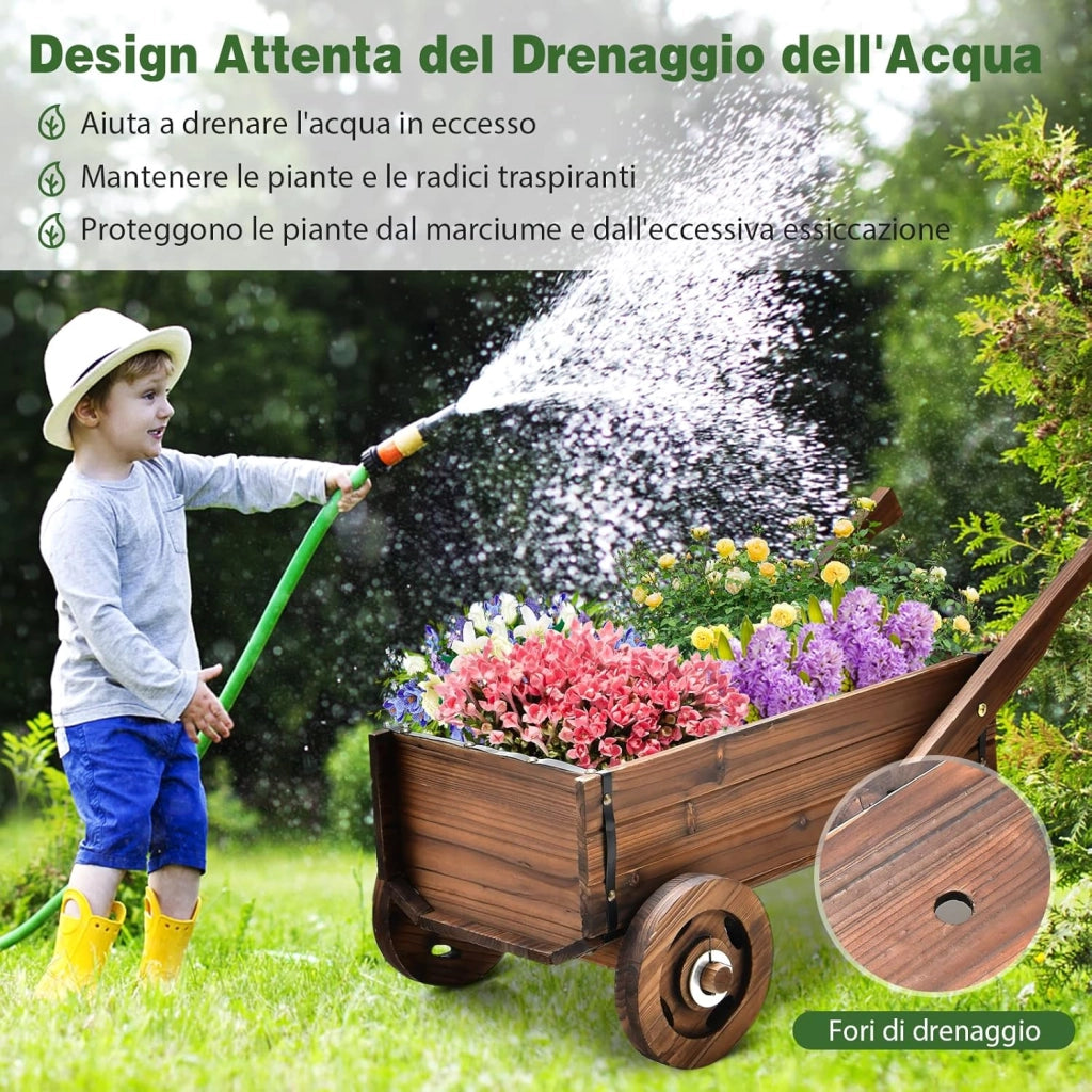 Fioriera da Esterno in Legno a Forma di Carrello, Carriola Portafiori con Ruote, Maniglie, Foro di Drenaggio, Carrello Decorativo da Interno ed Esterno, per Giardino, Patio e Balcone