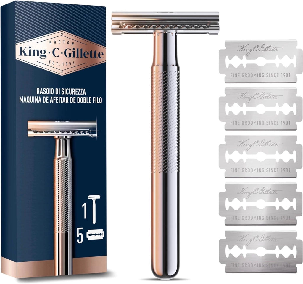 GILLETTE KING C. RASOIO DI SICUREZZA 1 MANICO + 5 LAMETTE DA BARBA IN ACCIAIO INOSSIDABILE LAMETTA RIVESTITA DI PLATINO