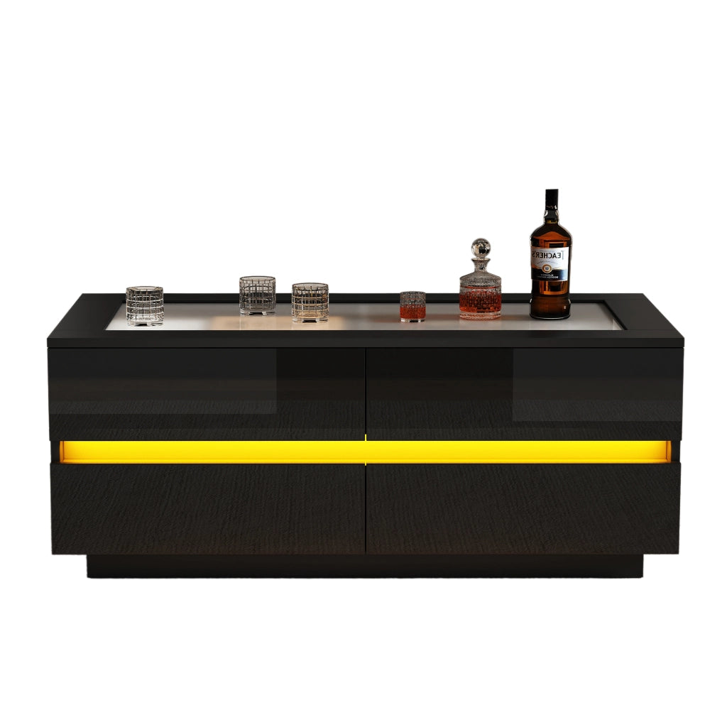 Tavolino da salotto nero 100¡Á50¡Á40 cm con 4 cassetti, piano in vetro temperato, LED e frontali lucidi