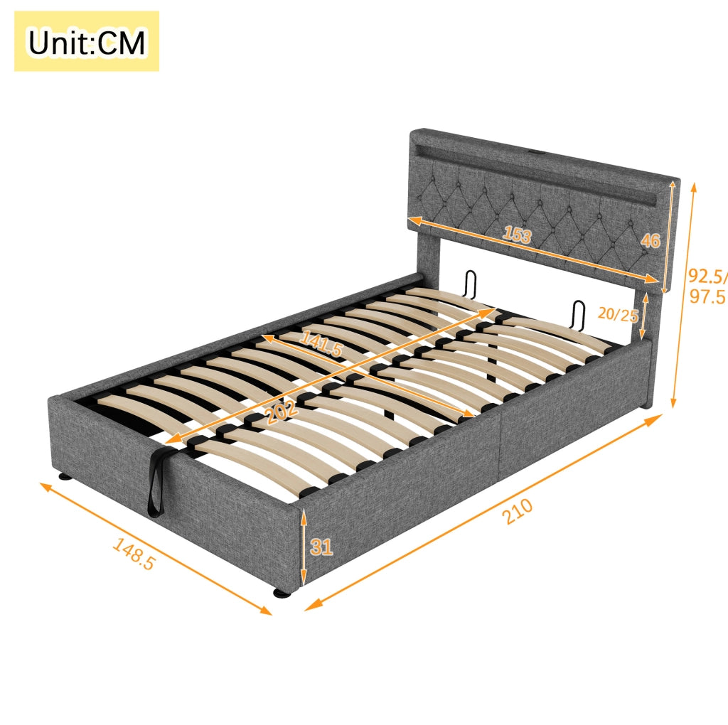 Letto imbottito 140 x 200 cm con contenitore idraulico; LED; USB e USB-C; lino grigio