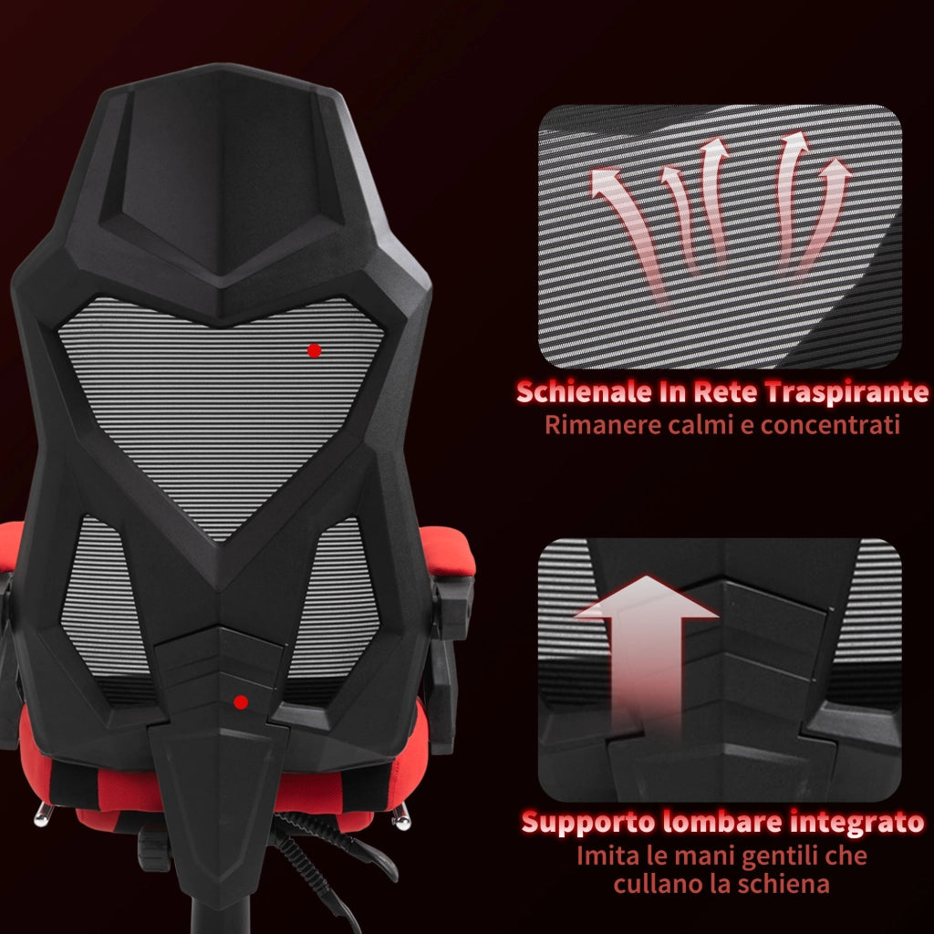 Sedia Ergonomica Reclinabile con Poggiapiedi ¨C Zephmum ¨C Tessuto a Rete, 58x63x112-122 cm, Nera e Rossa