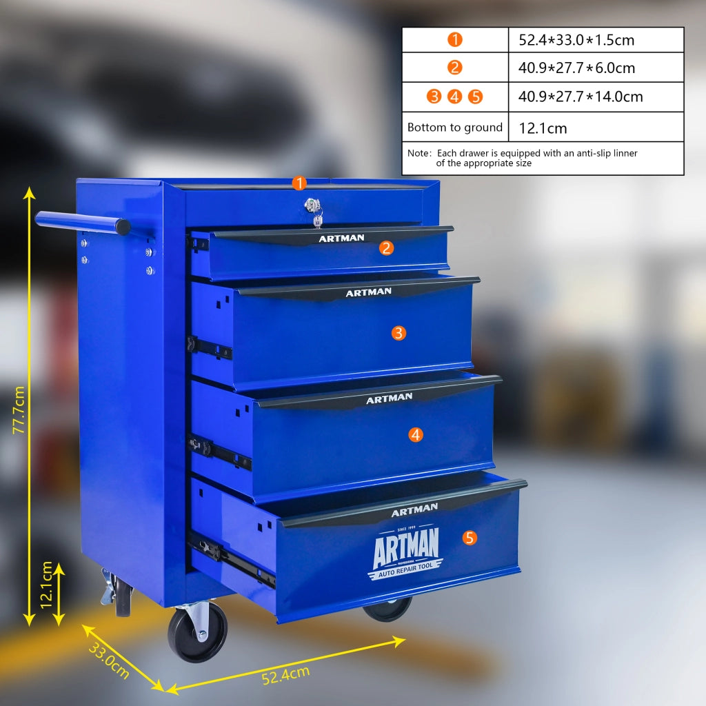 Cassettiera con ruote in acciaio con 4 cassetti e guide a sfere per garage e officina nero blu 60 × 33 × 77,5 cm