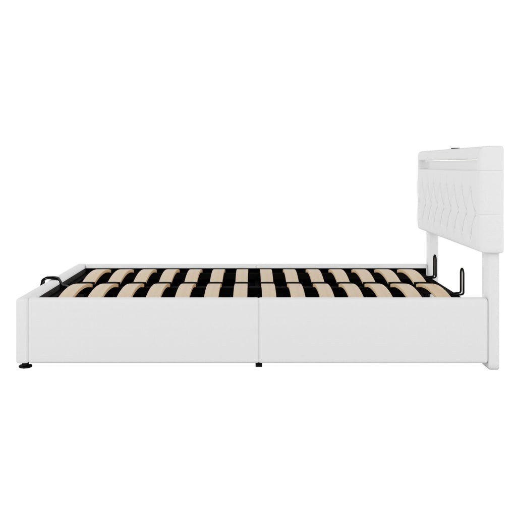Letto imbottito 140x200 cm; sollevabile con LED e porte USB; in lino e MDF; bianco