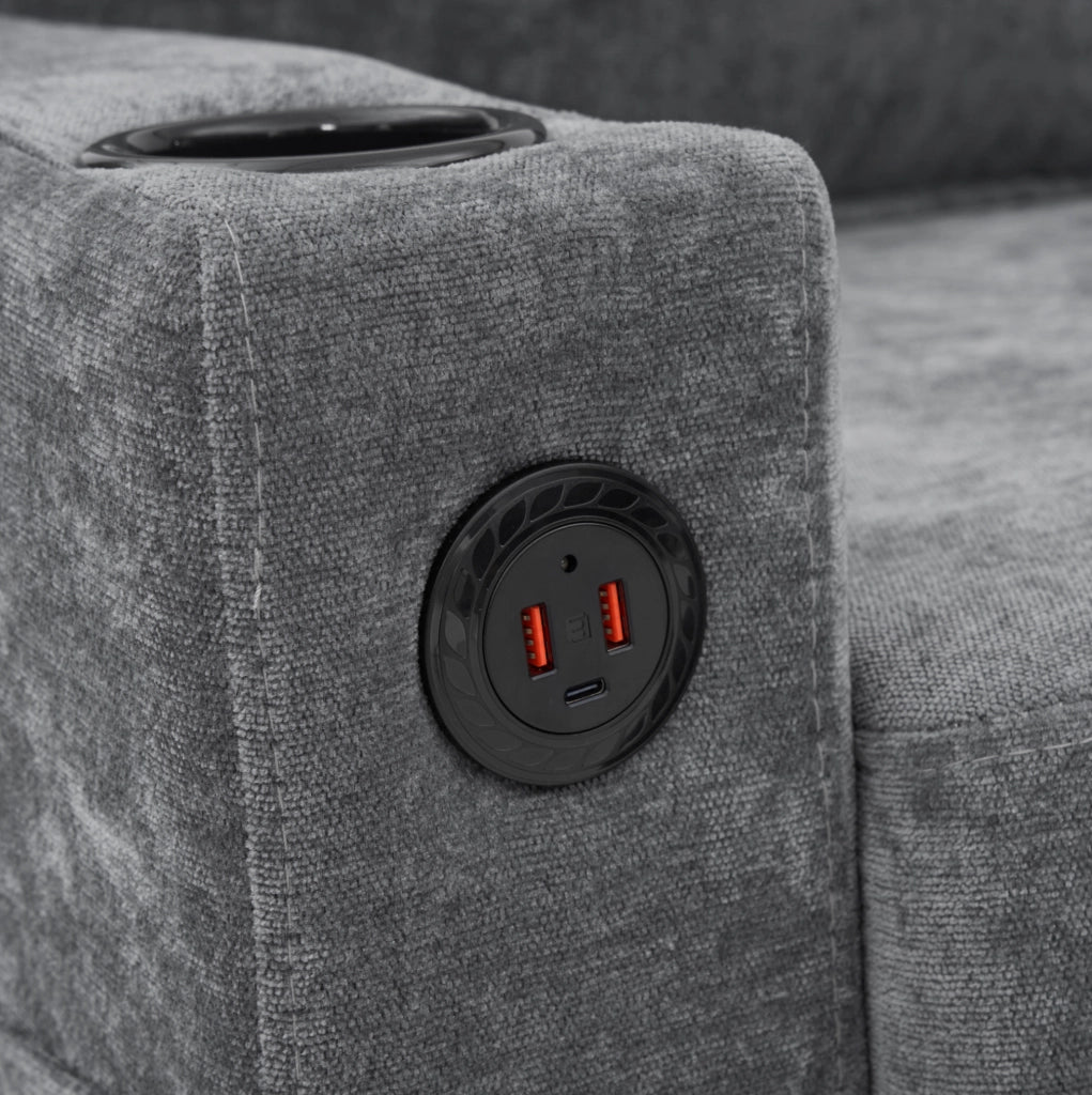 Divano angolare ULEVR 202x137 cm con pouf modulabile, 2 USB, Type-C e portabicchieri, grigio in lino