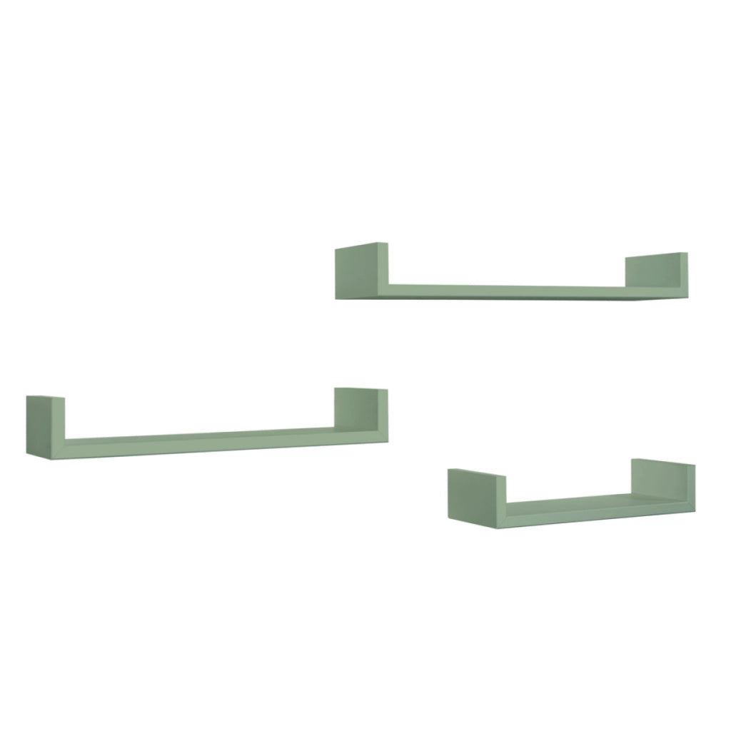 Set di 3 Mensole da Muro Modello CALAMITA, Mensole Muro Design, Mensola da Parete. Misure 60x8 p15.5 cm, 50x8 p15.5 cm e 40x8 p15.5 cm. Finitura  VERDE A. MARINA - MADE IN ITALY