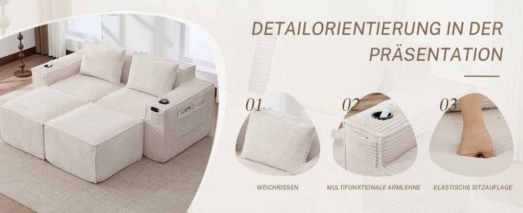 Divano modulare in velluto a coste beige con portabevande e tasche