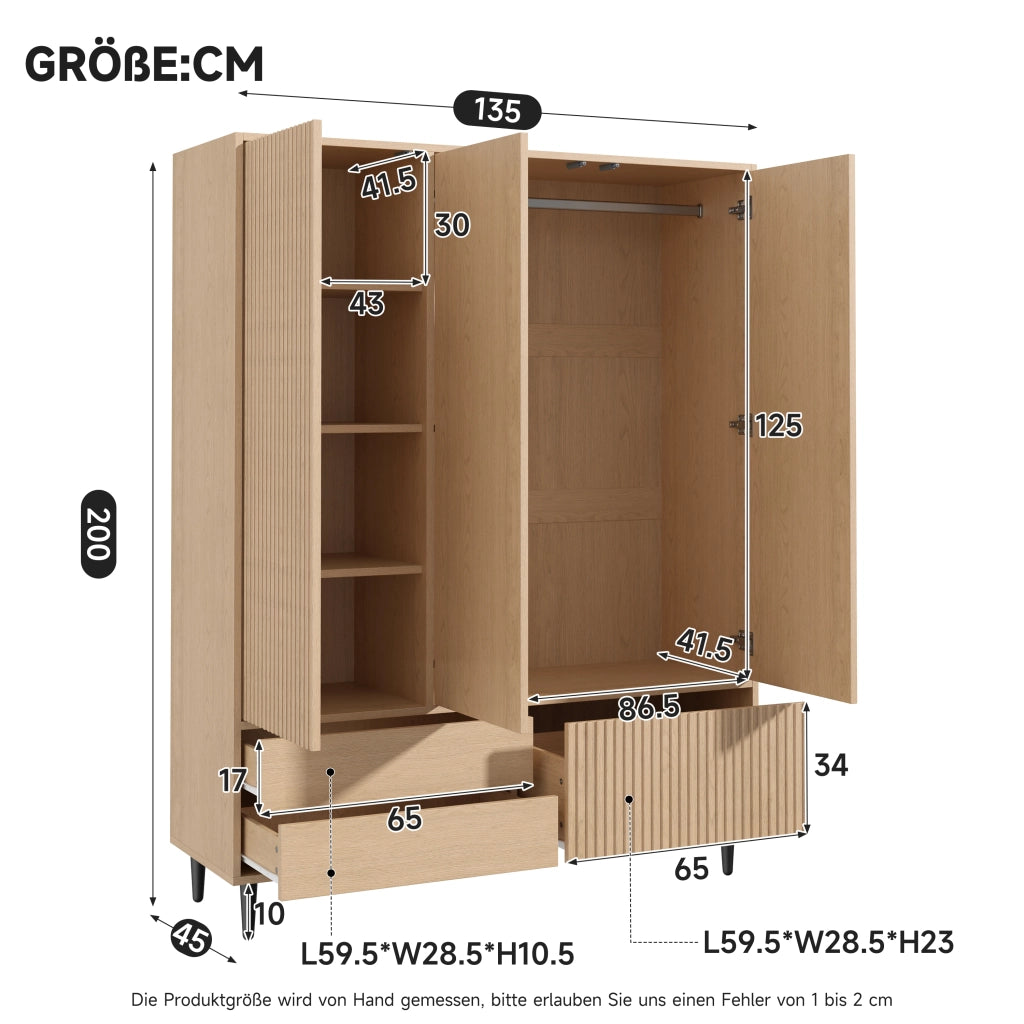 Armadio guardaroba 3 ante con specchio; 3 cassetti e appendiabiti 135x45x200 cm