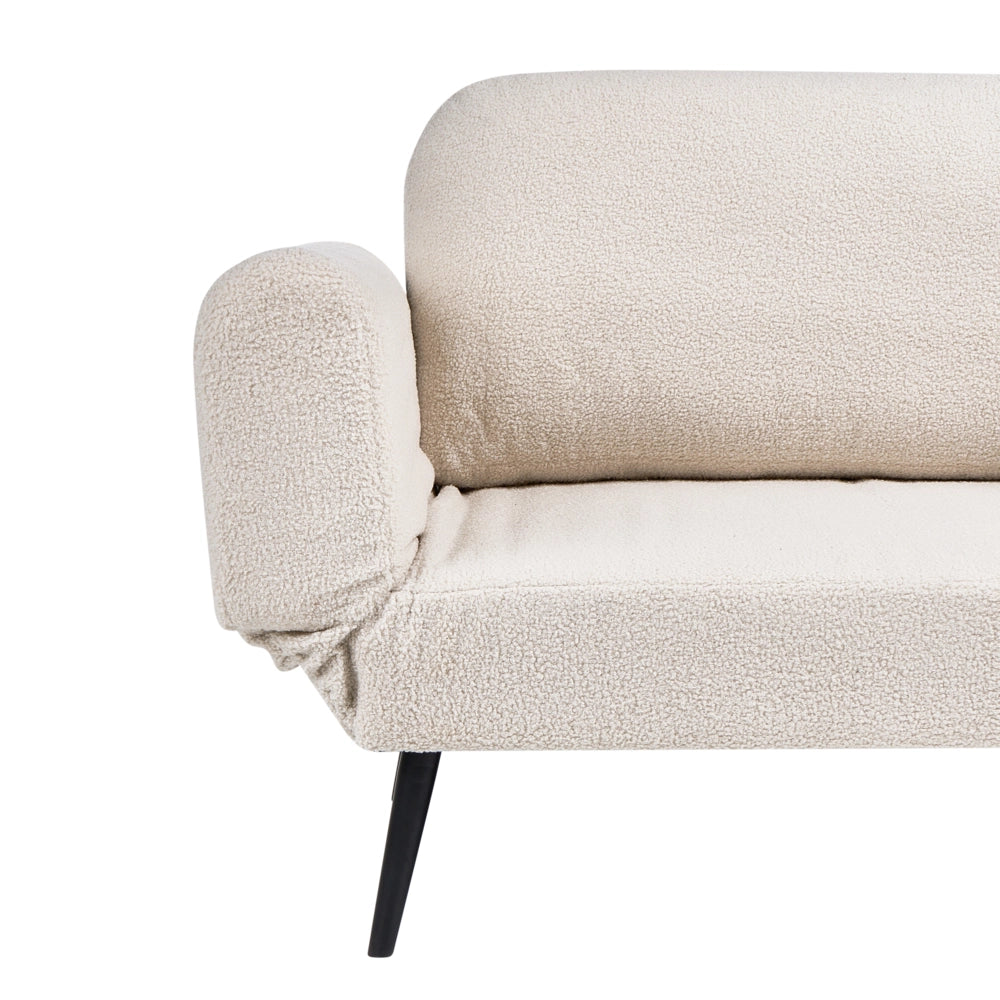 Divano letto con funzione letto cuscino rotondo rivestimento in bouclé gambe in ferro per soggiorno o camera da letto color bianco sporco