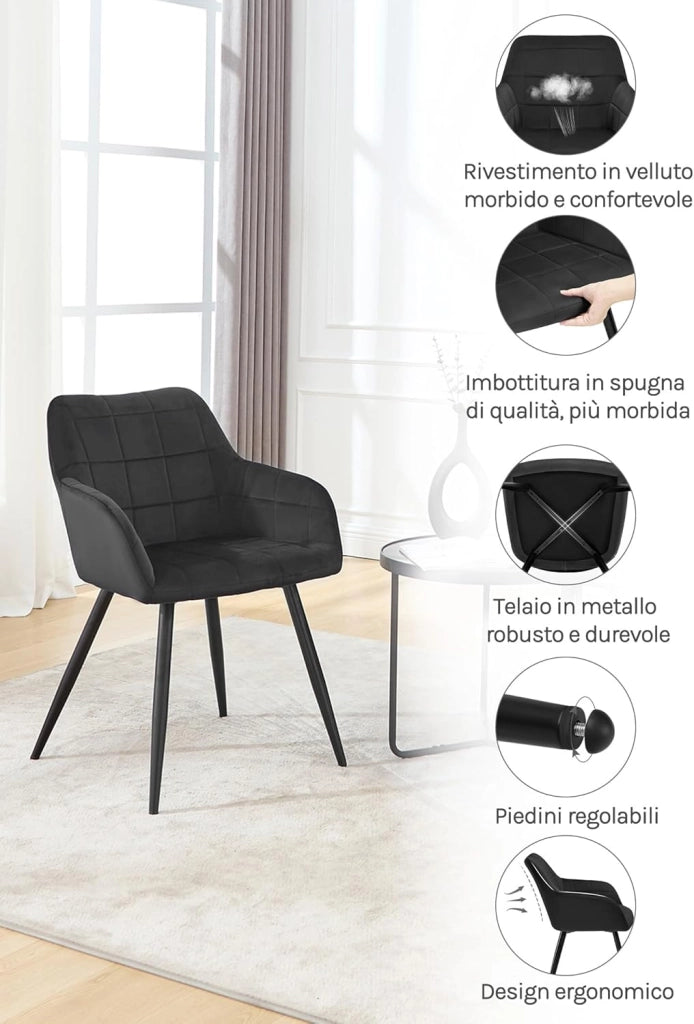 Sedia per Sala da Pranzo Imbottita, Poltroncina in Velluto,Sedia da Cucina con Braccioli e Schienale, Gambe in Metallo, moderne,Nero, BH93sz-1