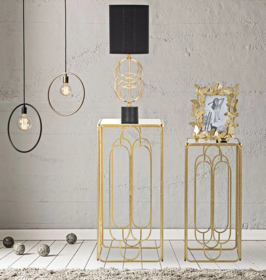 Lampada da Tavolo Circly Ø22,5x65 cm in Ferro PVC e Tessuto Oro e Nero